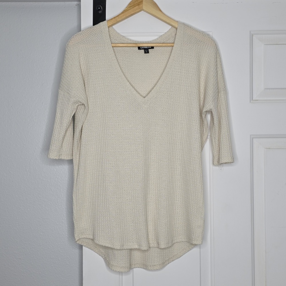 Express V-Neck Sweater Blouse Off White 3/4 Sleeve Size Medium Women's